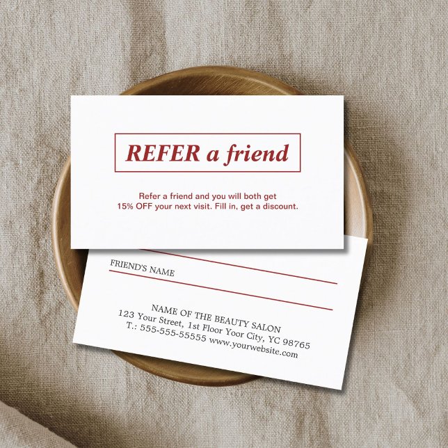 Simple Elegant Red White Refer a Friend Card (Creator Uploaded)