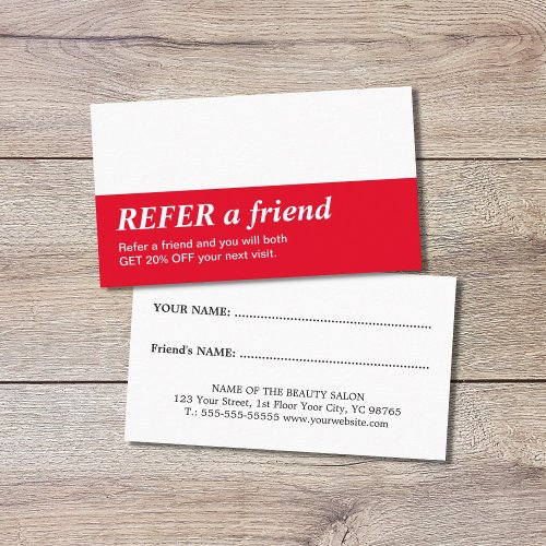 Simple Elegant Red White Refer a Friend Card