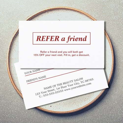 Simple Elegant Red White Refer a Friend Card