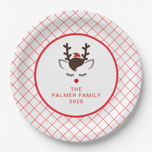 Simple Elegant Reindeer Christmas Family Name Paper Plates (Front)