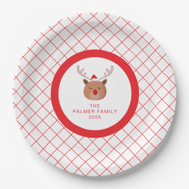 Simple Elegant Reindeer Christmas Family Name Paper Plates (Front)