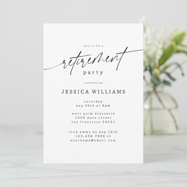 Simple Elegant Retirement Party Minimal Script Invitation (Standing Front)