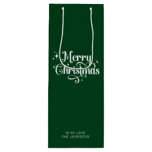 Simple Elegant Retro Script Green Merry Christmas Wine Gift Bag