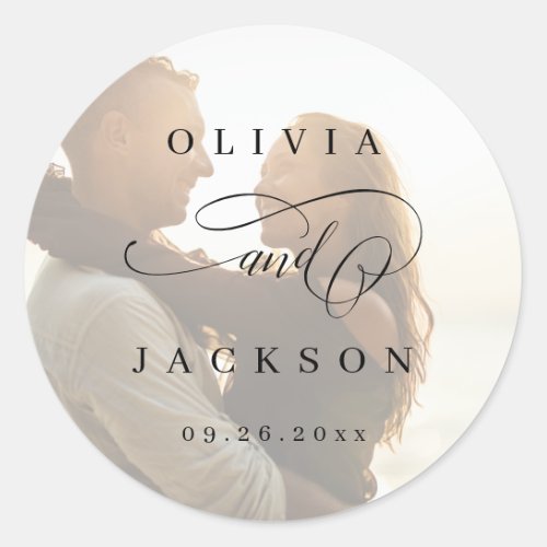 Simple elegant romantic script photo wedding favor classic round sticker