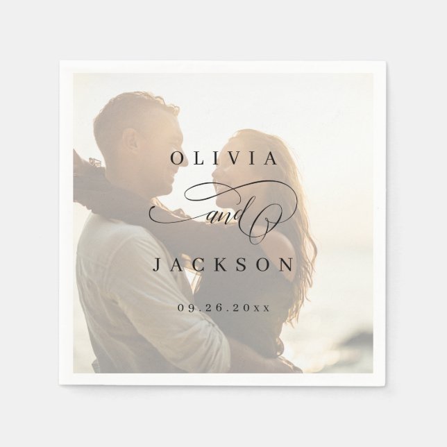 Simple elegant romantic script photo wedding napkins (Front)