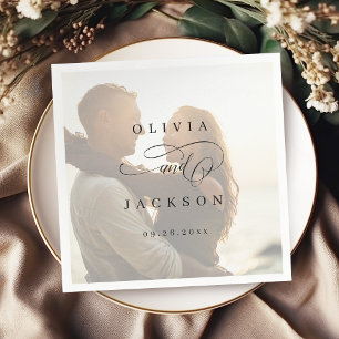 Simple elegant romantic script photo wedding napkins