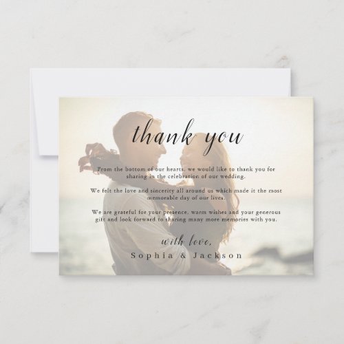 Simple elegant romantic script photo wedding thank you card