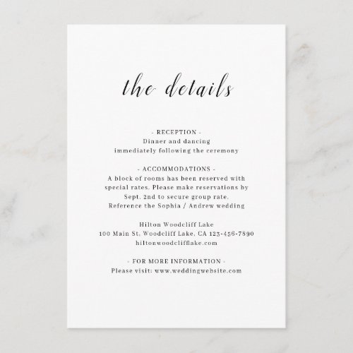 Simple elegant romantic script wedding details enclosure card