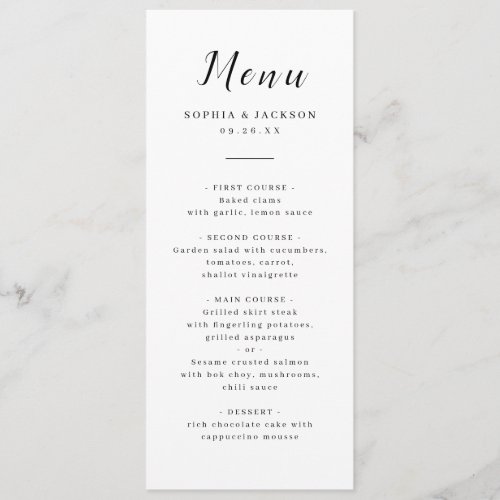 simple elegant romantic script wedding  menu