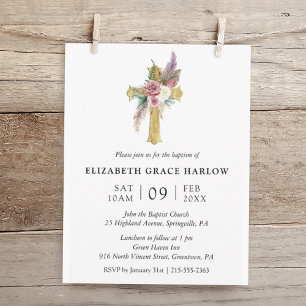 Simple Elegant Rose Boho Floral Cross Baptism Invitation