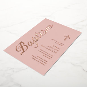 Simple Elegant Rose Gold Baptism Christening Foil Invitation