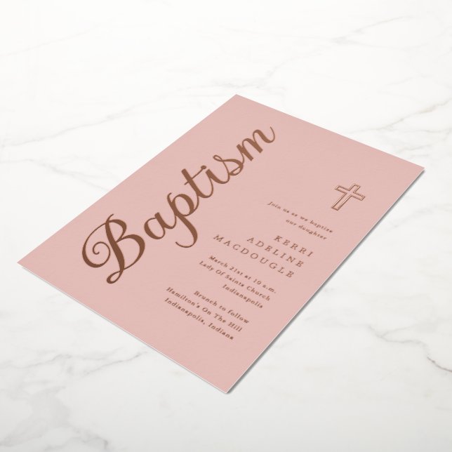Simple Elegant Rose Gold Baptism Christening Foil Invitation (Rotated)
