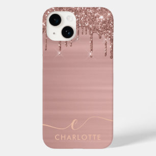 Simple Elegant Rose Gold Glitter Drip Custom Name Case-Mate iPhone 14 Case
