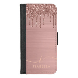 Simple Elegant Rose Gold Glitter Drip Custom Name  iPhone 8/7 Wallet Case