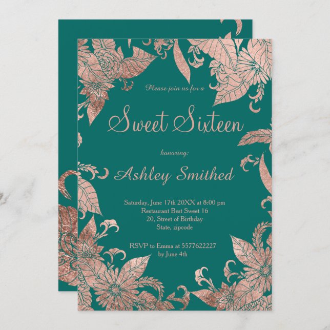 Simple elegant rose gold green floral Sweet 16 Invitation (Front/Back)
