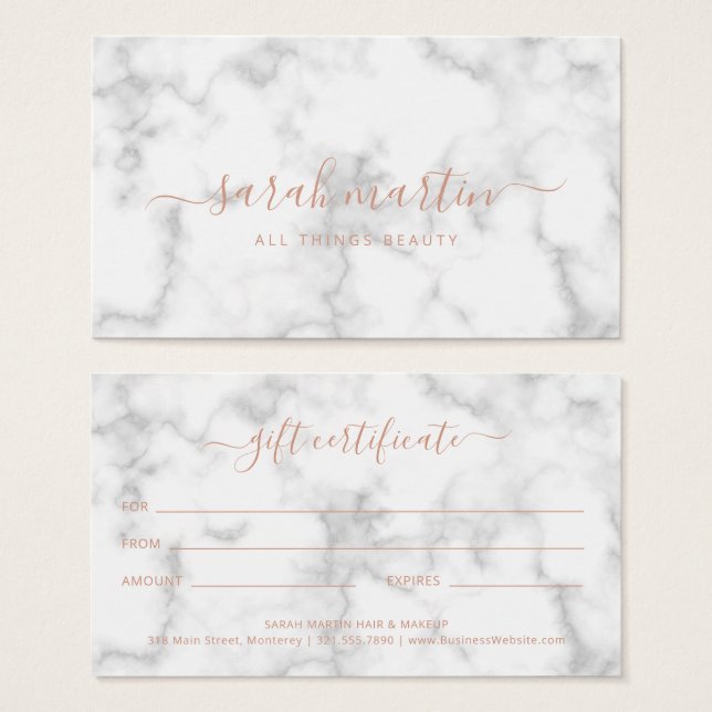 Simple Elegant Rose Gold Marble Gift Certificate (Front & Back)