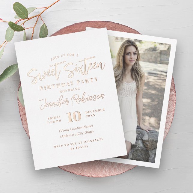 Simple Elegant Rose Gold Photo Sweet 16 Sixteen  Foil Invitation (Simple Elegant Rose Gold Photo Sweet 16 Sixteen Foil Invitation)