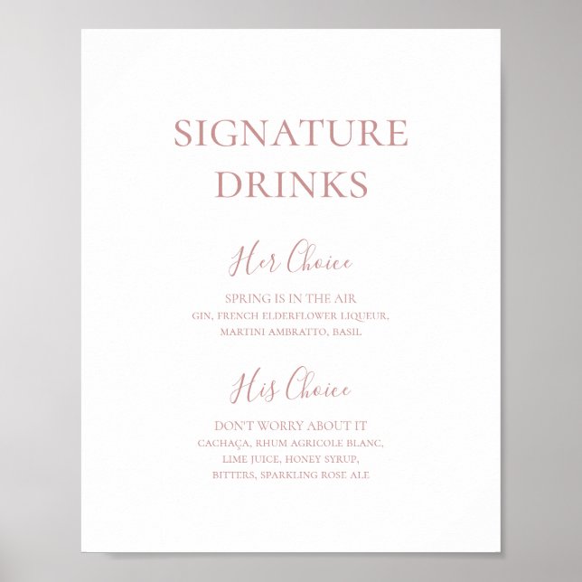 Simple Elegant Rose Gold Signature Drinks Sign (Front)