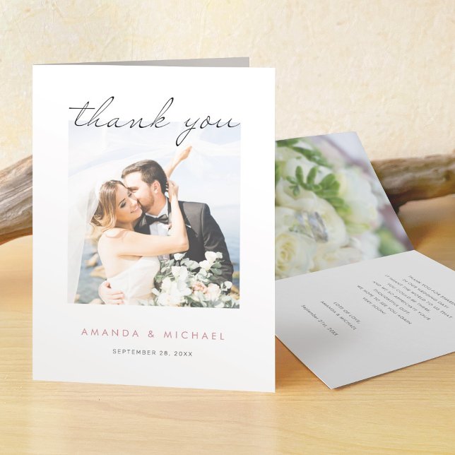 Simple Elegant Rose Gold Text Photo Wedding Thank You Card (Creator Uploaded)