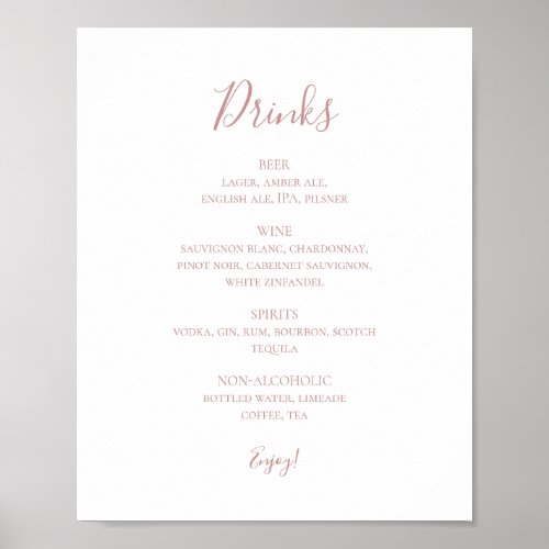 Simple Elegant Rose Gold Wedding Drinks Menu Sign
