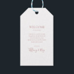 Simple Elegant Rose Gold Wedding Welcome Gift Tags<br><div class="desc">This simple elegant rose gold wedding welcome gift tags is perfect for your classic modern minimalist rose gold wedding. Design features classic vintage minimal chic contemporary blush gold font and delicate romantic formal calligraphy. It's excellent for spring, summer, fall, or winter luxury weddings. Keep it as is, or choose to...</div>