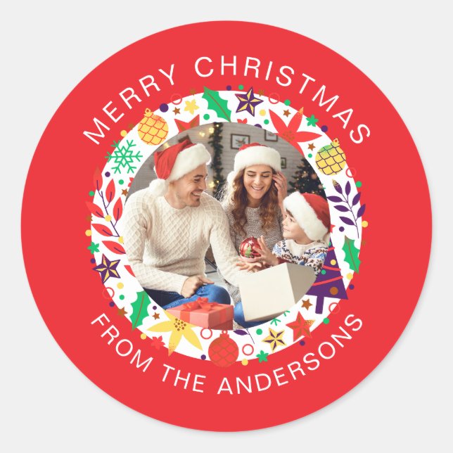 Simple Elegant Round Christmas Photo Family Name Classic Round Sticker (Front)