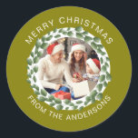 Simple Elegant Round Christmas Photo Family Name Classic Round Sticker<br><div class="desc">Simple Elegant Round Christmas Photo Family Name</div>