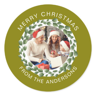 Simple Elegant Round Christmas Photo Family Name Classic Round Sticker
