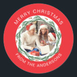 Simple Elegant Round Christmas Photo Family Name Classic Round Sticker<br><div class="desc">Simple Elegant Round Christmas Photo Family Name</div>