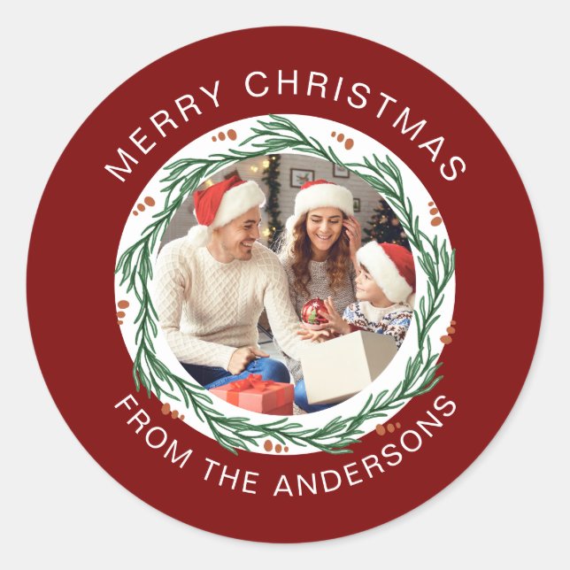 Simple Elegant Round Christmas Photo Family Name Classic Round Sticker (Front)