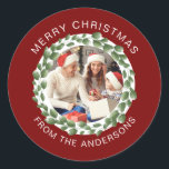 Simple Elegant Round Christmas Photo Family Name Classic Round Sticker<br><div class="desc">Simple Elegant Round Christmas Photo Family Name</div>