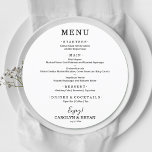 Simple Elegant Round White Wedding Dinner Menu<br><div class="desc">A round dinner menu card on white (or any color) and chic lettering in black (or any color) displays your menu choices. Perfect for a modern wedding reception, wedding rehearsal dinner, anniversary party or any special event with a sit down dinner. Choose ANY COLOR BACKGROUND, any COLOR TEXT, any FONT!...</div>