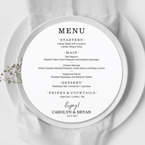 Simple Elegant Round White Wedding Dinner Menu