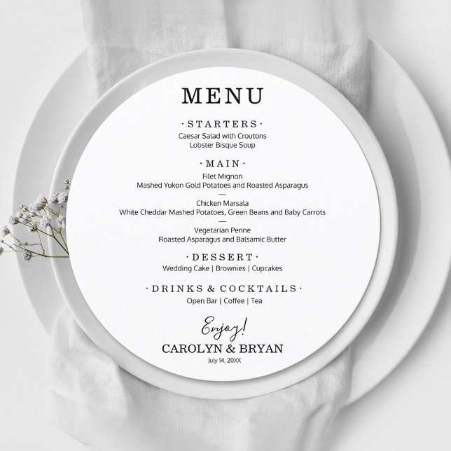 Simple Elegant Round White Wedding Dinner Menu (Creator Uploaded)