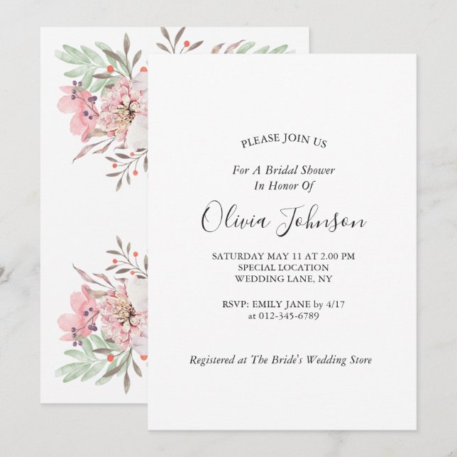 Simple Elegant Rustic Floral Bridal Shower Invitation (Front/Back)