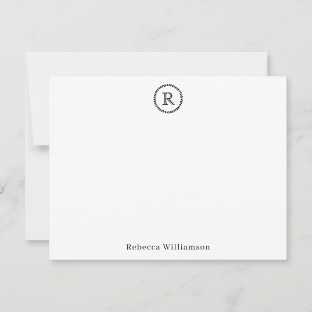 Simple Elegant Rustic Modern Wreath Monogram Black Note Card (Front)