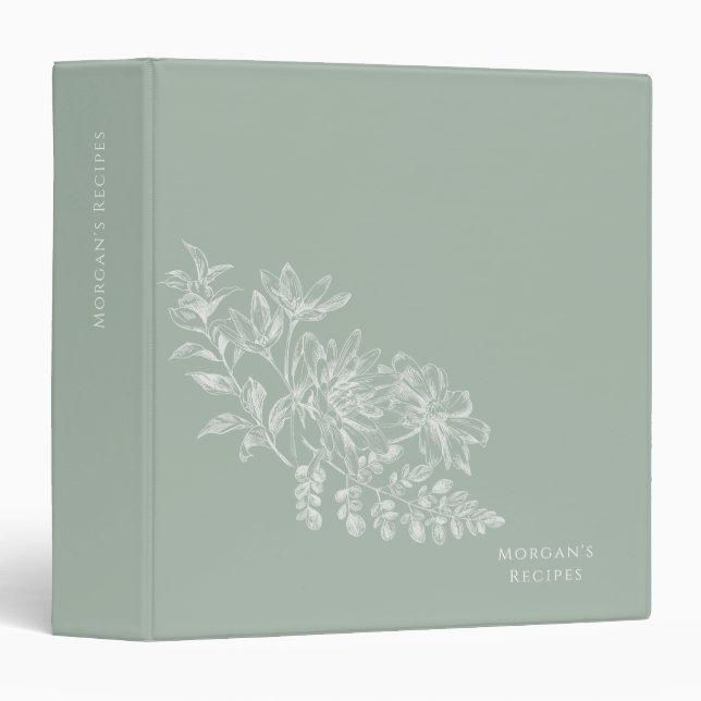 Simple Elegant Sage Green and White Recipe 3 Ring Binder (Front/Spine)