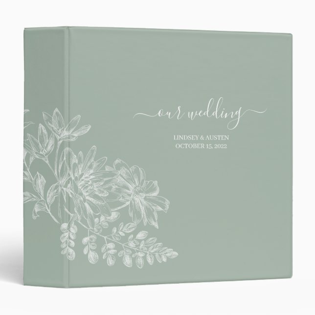 Simple Elegant Sage Green and White Script Wedding 3 Ring Binder (Front/Spine)