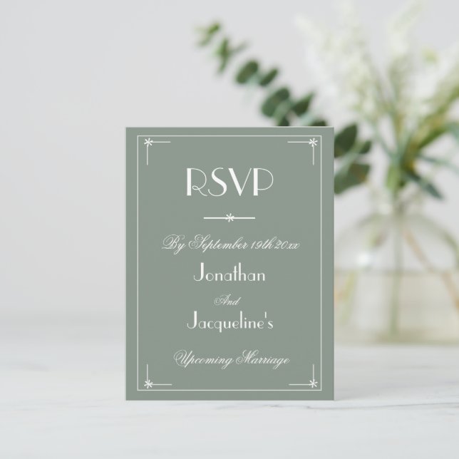 Simple Elegant Sage Green Classic Wedding RSVP Invitation Postcard (Standing Front)