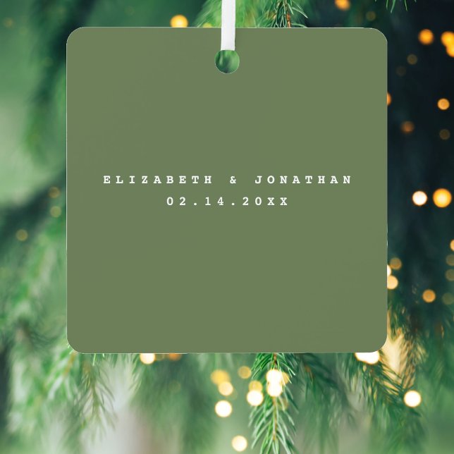 Simple Elegant Sage Green Couple Wedding Photo Metal Ornament (Creator Uploaded)