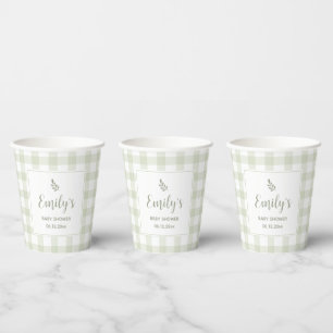 Simple Elegant Sage Green Gingham Baby Shower Paper Cups