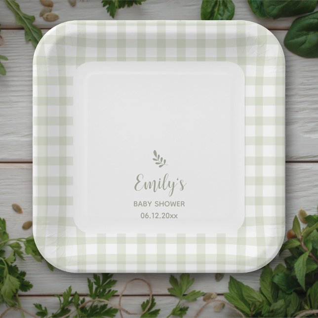 Simple Elegant Sage Green Gingham Baby Shower Paper Plates (Creator Uploaded)