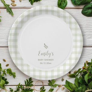 Simple Elegant Sage Green Gingham Baby Shower Paper Plates