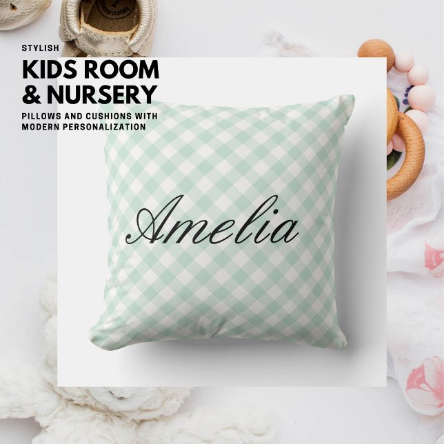 Simple Elegant Sage Green Gingham Script Name Throw Pillow (Creator Uploaded)