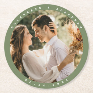 Simple Elegant Sage Green Greenery Wedding Photo Round Paper Coaster