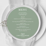Simple Elegant Sage Green Round Wedding Dinner Menu<br><div class="desc">A round dinner menu card on sage green (or any color) and chic lettering in white displays your menu choices. Perfect for a modern wedding reception, wedding rehearsal dinner, anniversary party or any special event with a sit down dinner. Choose ANY COLOR BACKGROUND, any COLOR TEXT, any FONT! Easily personalize...</div>
