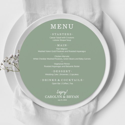 Simple Elegant Sage Green Round Wedding Dinner Menu