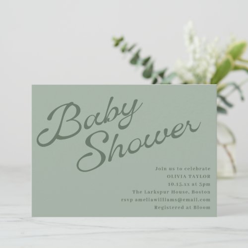 Simple Elegant Sage Green Script Baby Shower Invitation
