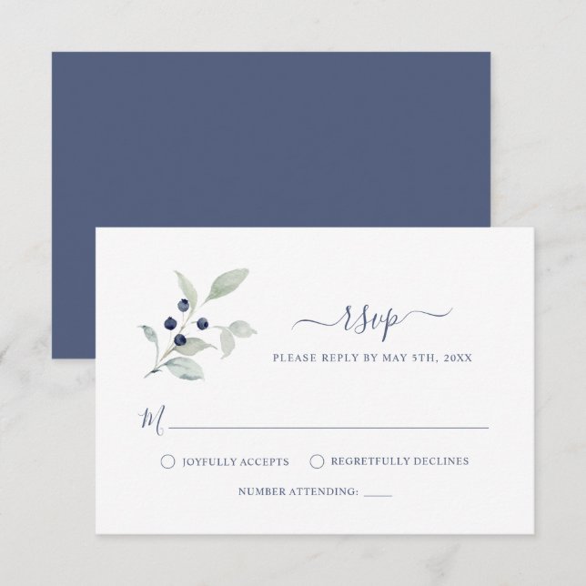 Simple Elegant Sage Navy Botanical Script Wedding Enclosure Card (Front/Back)
