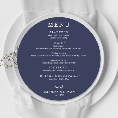 Simple Elegant Sapphire Blue Round Wedding Dinner Menu
